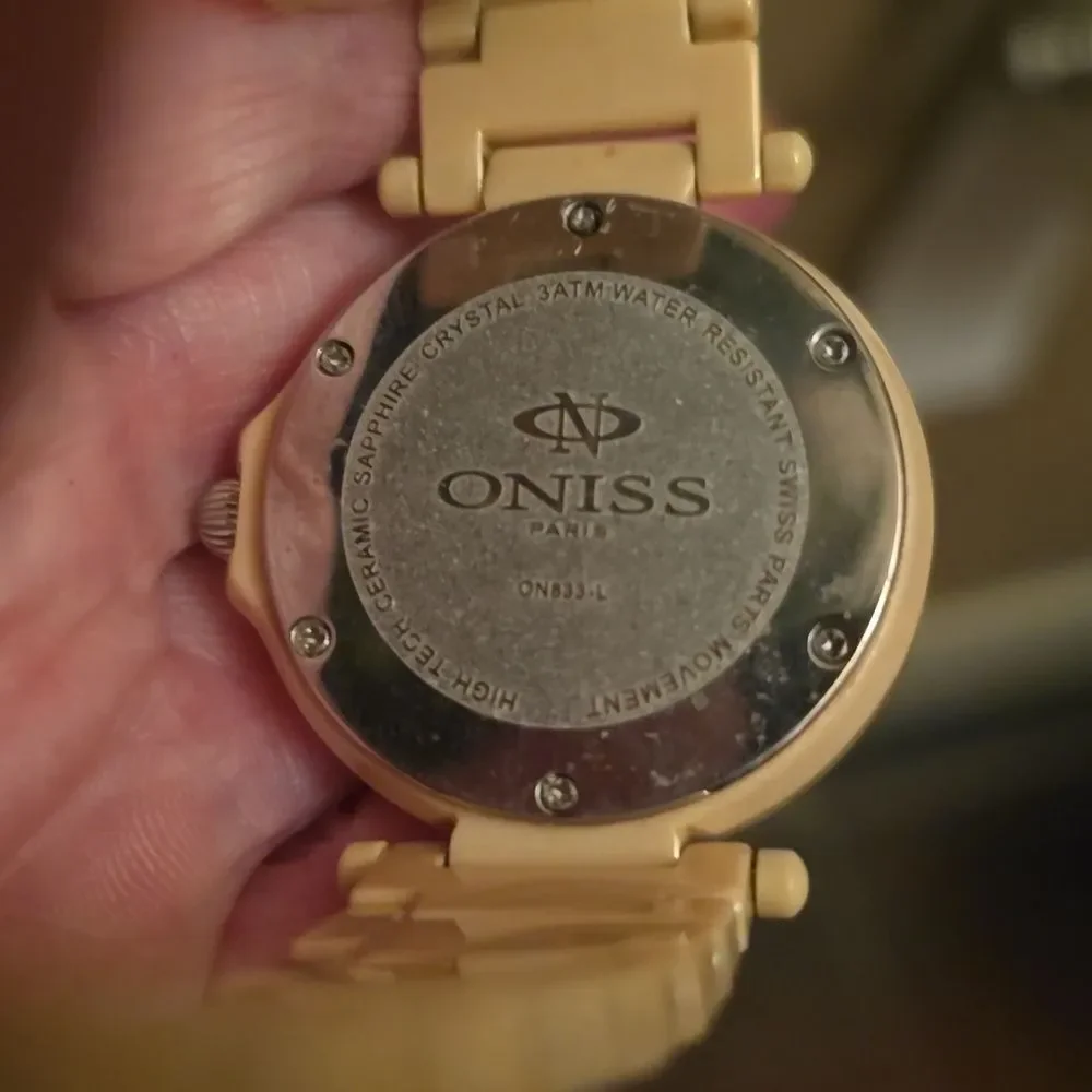 ONISS Ladies Beige Ceramic SAPPHIRE,MOTHER OF PEARL WATCH!